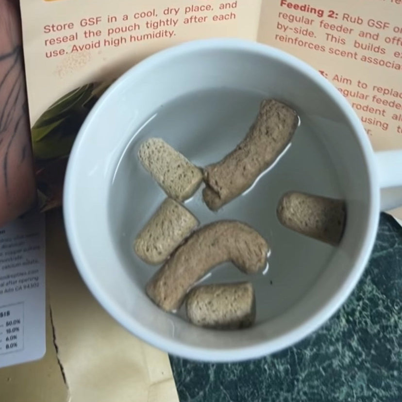 Good Reptiles pieces rehydrating in a cup of hot water